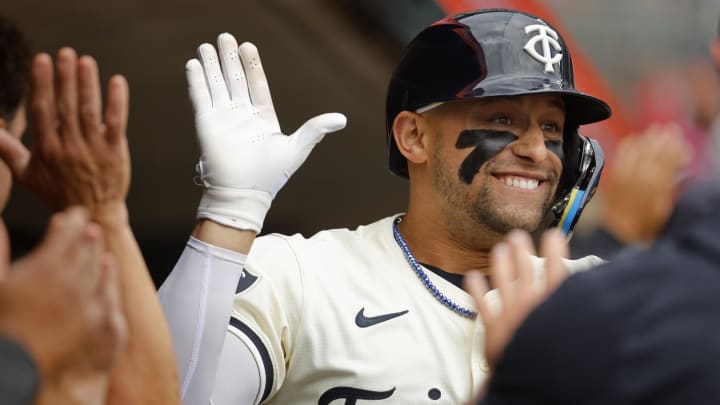 Jun 12, 2024; Minneapolis, Minnesota, USA; Minnesota Twins designated hitter Royce Lewis (23) celebrates his two-run home run against the Colorado Rockies in the sixth inning at Target Field. Mandatory Credit: Bruce Kluckhohn-USA TODAY Sports