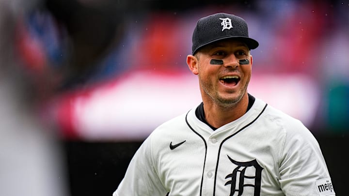 Detroit Tigers first baseman Spencer Torkelson smiles as he runs off the field after the top of the second inning against the Chicago White Sox at Comerica Park in Detroit on Saturday, April 5, 2025.