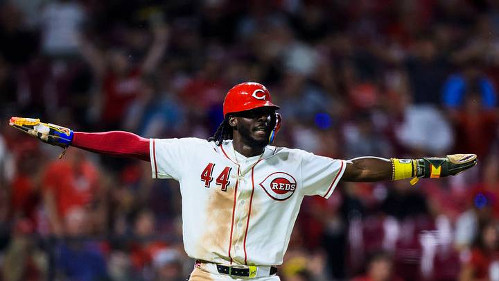 Jul 30, 2026; Cincinnati, Ohio, USA; Cincinnati Reds shortstop Elly de la Cruz (44) reacts after scoring on a walk-off fielder’s choice hit by designated hitter Nathaniel Lowe (31) in the ninth inning against the Pittsburgh Pirates at Great American Ball Park. Mandatory Credit: Katie Stratman-Imagn Images Jul 30, 2026; Cincinnati, Ohio, USA; Cincinnati Reds shortstop Elly de la Cruz (44) reacts after scoring on a walk-off fielder’s choice hit by designated hitter Nathaniel Lowe (31) in the ninth inning against the Pittsburgh Pirates at Great American Ball Park. Mandatory Credit: Katie Stratman-Imagn Images