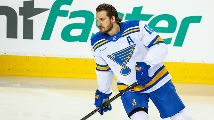 Mar 18, 2026; Calgary, Alberta, CAN; St. Louis Blues center Robert Thomas (18) skates during the warmup period against the Calgary Flames at Scotiabank Saddledome. Mandatory Credit: Sergei Belski-Imagn Images