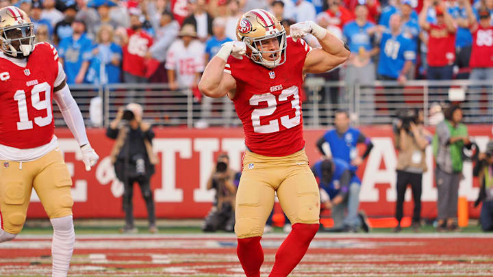 Jan 28, 2024; Santa Clara, California, USA; San Francisco 49ers running back Christian McCaffrey (23) celebrates after scoring a touchdown against the Detroit Lions during the first half of the NFC Championship football game at Levi's Stadium. Mandatory Credit: Kelley L Cox-Imagn Images