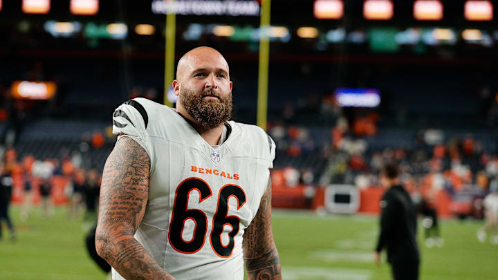 Sep 29, 2025; Denver, Colorado, USA; Cincinnati Bengals guard Dalton Risner (66) looks on after the game against the Denver Broncos at Empower Field at Mile High. Mandatory Credit: Isaiah J. Downing-Imagn Images