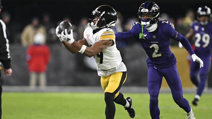 Dec 21, 2024; Baltimore, Maryland, USA; Pittsburgh Steelers wide receiver Calvin Austin III (19) catches a pass along the sideline in front of Baltimore Ravens cornerback Nate Wiggins (2) during the second half at M&T Bank Stadium. Mandatory Credit: Tommy Gilligan-Imagn Images Dec 21, 2024; Baltimore, Maryland, USA; Pittsburgh Steelers wide receiver Calvin Austin III (19) catches a pass along the sideline in front of Baltimore Ravens cornerback Nate Wiggins (2) during the second half at M&T Bank Stadium. Mandatory Credit: Tommy Gilligan-Imagn Images