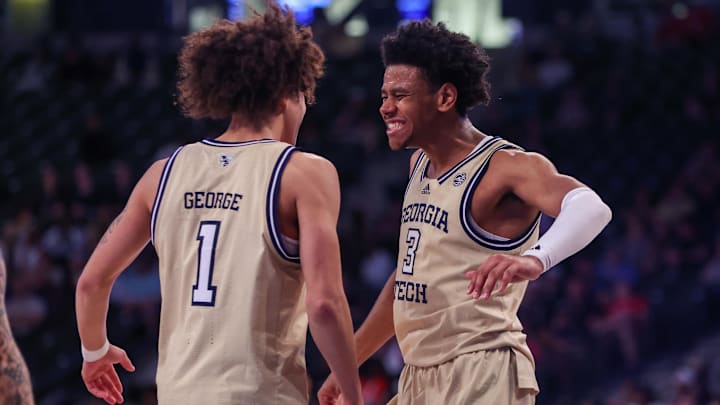 Mar 1, 2025; Atlanta, Georgia, USA; Georgia Tech Yellow Jackets guard Naithan George (1) and guard Jaeden Mustaf (3) react after a play against the North Carolina State Wolfpack in the second half at McCamish Pavilion. Mandatory Credit: Brett Davis-Imagn Images Mar 1, 2025; Atlanta, Georgia, USA; Georgia Tech Yellow Jackets guard Naithan George (1) and guard Jaeden Mustaf (3) react after a play against the North Carolina State Wolfpack in the second half at McCamish Pavilion. Mandatory Credit: Brett Davis-Imagn Images