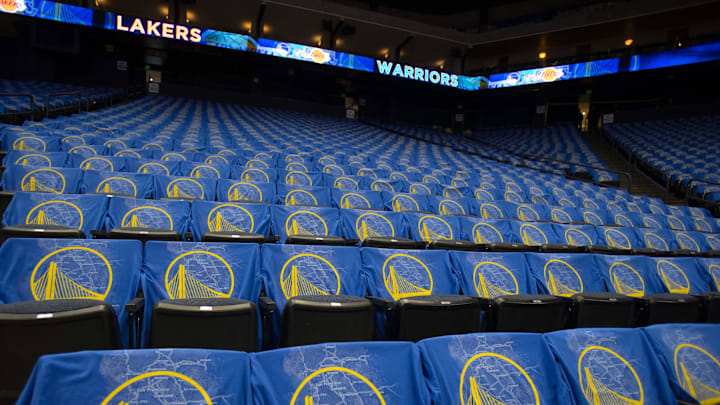 Oct 30, 2013; Oakland, CA, USA; T-shirts depicting a map of the bay area and the new bay bridge Golden State Warriors logo at Oracle Arena before the game between the Golden State Warriors and the Los Angeles Lakers. Mandatory Credit: Kelley L Cox-Imagn Images Oct 30, 2013; Oakland, CA, USA; T-shirts depicting a map of the bay area and the new bay bridge Golden State Warriors logo at Oracle Arena before the game between the Golden State Warriors and the Los Angeles Lakers. Mandatory Credit: Kelley L Cox-Imagn Images