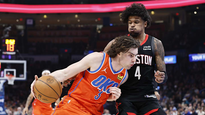 Mar 27, 2024; Oklahoma City, Oklahoma, USA; Oklahoma City Thunder guard Josh Giddey (3) drives to Mar 27, 2024; Oklahoma City, Oklahoma, USA; Oklahoma City Thunder guard Josh Giddey (3) drives to