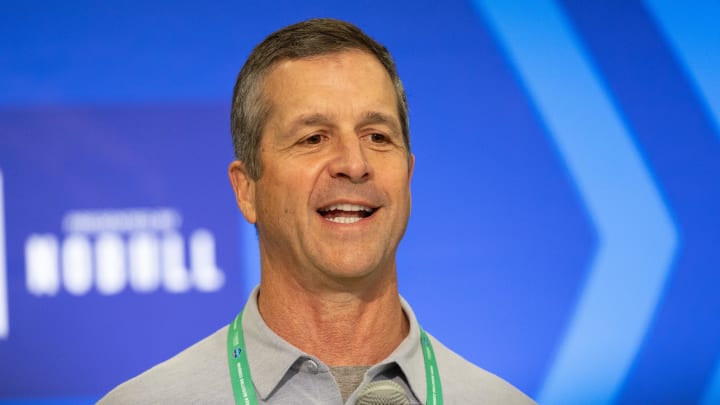 Feb 27, 2024; Indianapolis, IN, USA; Baltimore Ravens head coach John Harbaugh talks to the media at Feb 27, 2024; Indianapolis, IN, USA; Baltimore Ravens head coach John Harbaugh talks to the media at