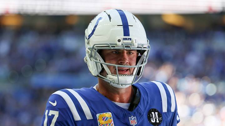 Oct 12, 2025; Indianapolis, Indiana, USA; Indianapolis Colts quarterback Daniel Jones (17) reacts after scoring a touchdown against the Arizona Cardinals during the second quarter of the game at Lucas Oil Stadium. Mandatory Credit: Trevor Ruszkowski-Imagn Images