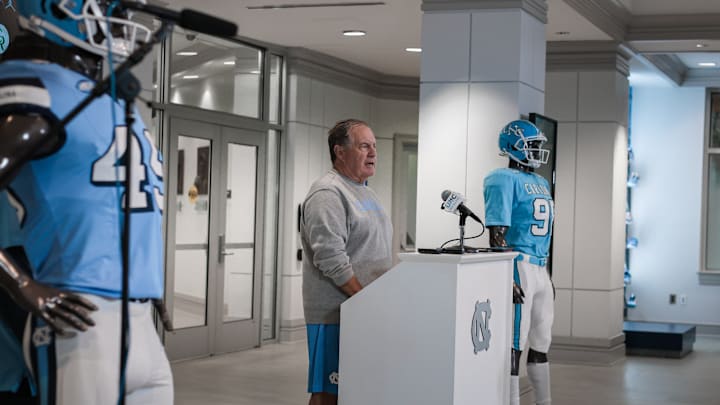 Bill Belichick speaking to the press before UNC's first practice of fall camp on Aug. 2, 2025