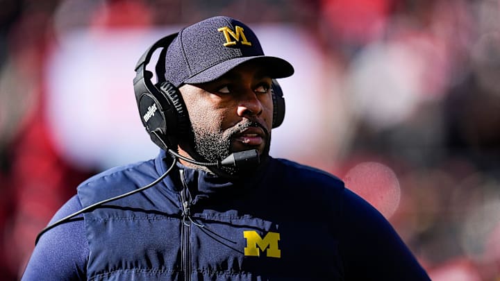Michigan head coach Sherrone Moore looks on at a timeout against Ohio State during the first half at Ohio Stadium in Columbus, Ohio on Saturday, Nov. 30, 2024.
