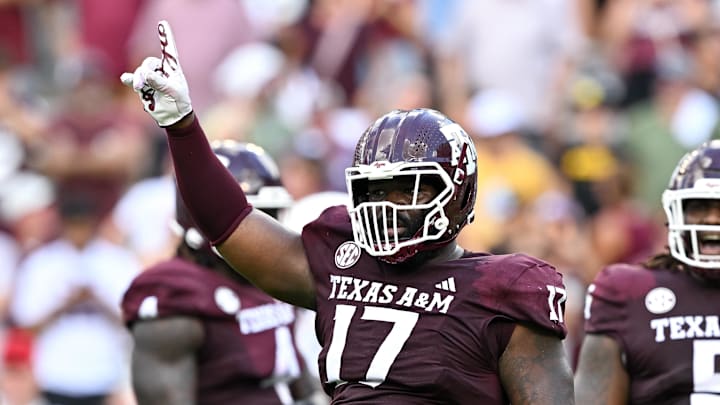 Oct 5, 2024; College Station, Texas, USA; Texas A&M Aggies tight end Theo Melin Ohrstrom (17) reacts in the fourth quarter against the Missouri Tigers at Kyle Field. Mandatory Credit: Maria Lysaker-Imagn Images. 