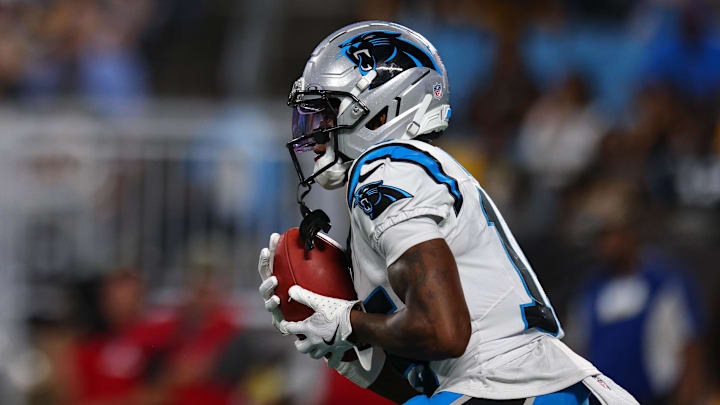 Aug 21, 2025; Charlotte, North Carolina, USA; Carolina Panthers wide receiver Jimmy Horn Jr. (15) runs the ball in the fourth quarter against the Pittsburgh Steelers at Bank of America Stadium. Mandatory Credit: Allison Lawhon-Imagn Images Aug 21, 2025; Charlotte, North Carolina, USA; Carolina Panthers wide receiver Jimmy Horn Jr. (15) runs the ball in the fourth quarter against the Pittsburgh Steelers at Bank of America Stadium. Mandatory Credit: Allison Lawhon-Imagn Images