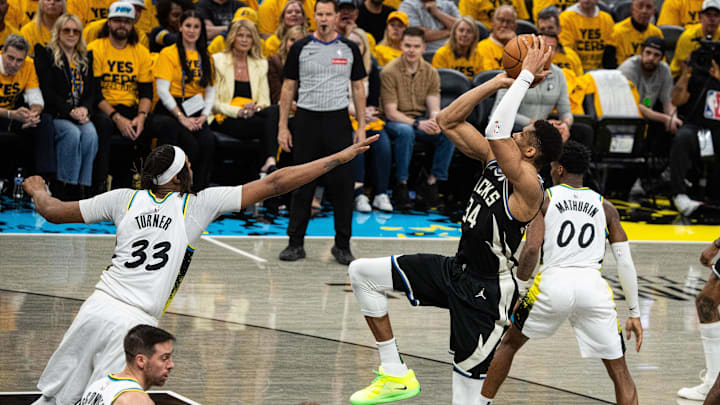 Apr 29, 2025; Indianapolis, Indiana, USA; Milwaukee Bucks forward Giannis Antetokounmpo (34) shoots the ball while Indiana Pacers center Myles Turner (33) defends during game five of the first round for the 2024 NBA Playoffs at Gainbridge Fieldhouse. Mandatory Credit: Trevor Ruszkowski-Imagn Images
