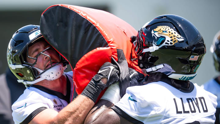 Jacksonville Jaguars linebacker Chad Muma (48) makes a run Jacksonville Jaguars linebacker Devin Lloyd (0) during the fourth organized team activity at the Miller Electric Center in Jacksonville, Fla. Tuesday, May 27, 2025. [Doug Engle/Florida Times-Union]