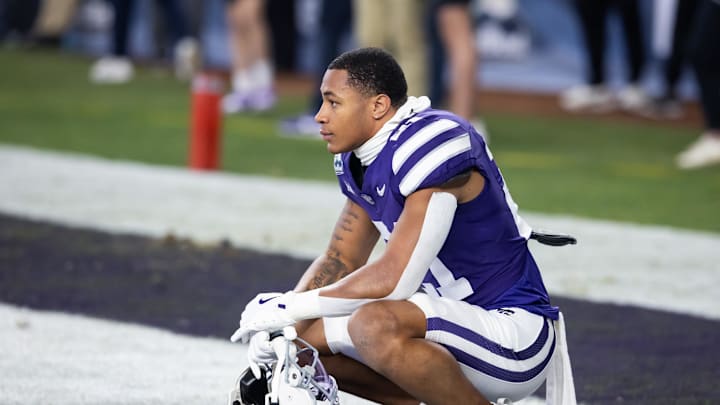 Dec 26, 2024; Phoenix, AZ, USA; Kansas State Wildcats safety Marques Sigle (21) against the Rutgers Scarlet Knights during the Rate Bowl at Chase Field. Mandatory Credit: Mark J. Rebilas-Imagn Images