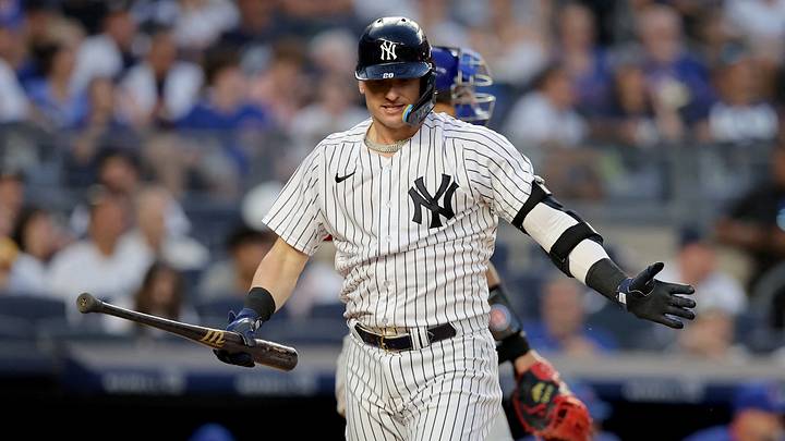 Jul 7, 2023; Bronx, New York, USA; New York Yankees third baseman Josh Donaldson (28) react after striking out during the fifth inning against the Chicago Cubs at Yankee Stadium. Mandatory Credit: Brad Penner-USA TODAY Sports Jul 7, 2023; Bronx, New York, USA; New York Yankees third baseman Josh Donaldson (28) react after striking out during the fifth inning against the Chicago Cubs at Yankee Stadium. Mandatory Credit: Brad Penner-USA TODAY Sports