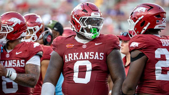 Arkansas Razorbacks defensive tackle Hunter Osborne talks to teammates during a timeout against North Alabama at CommunityAmerica Razorback Stadium on Saturday, Sept. 5, 2026. Arkansas Razorbacks defensive tackle Hunter Osborne talks to teammates during a timeout against North Alabama at CommunityAmerica Razorback Stadium on Saturday, Sept. 5, 2026.