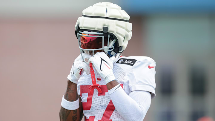 Jul 24, 2024; East Rutherford, NJ, USA; New York Giants safety Jason Pinnock (27) during training camp at Quest Diagnostics Training Facility.