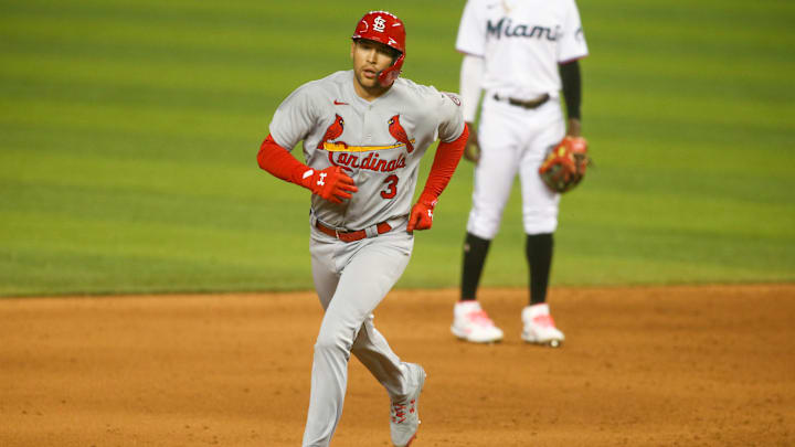 Apr 6, 2021; Miami, Florida, USA; St. Louis Cardinals left fielder Dylan Carlson (3) rounds pass