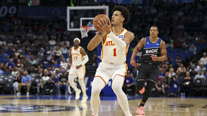 Apr 1, 2026; Orlando, Florida, USA; Atlanta Hawks forward Jalen Johnson (1) shoots the ball against the Orlando Magic in the first quarter at Kia Center. Mandatory Credit: Nathan Ray Seebeck-Imagn Images