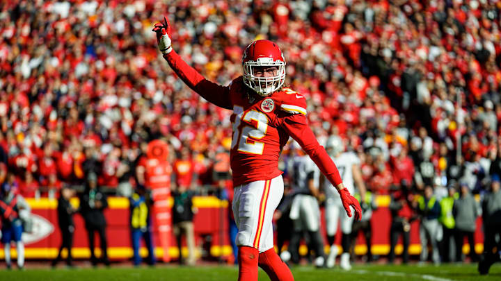 Dec 12, 2021; Kansas City, Missouri, USA; Kansas City Chiefs free safety Tyrann Mathieu (32) reacts during the first half against the Las Vegas Raiders at GEHA Field at Arrowhead Stadium. Mandatory Credit: Jay Biggerstaff-Imagn Images Dec 12, 2021; Kansas City, Missouri, USA; Kansas City Chiefs free safety Tyrann Mathieu (32) reacts during the first half against the Las Vegas Raiders at GEHA Field at Arrowhead Stadium. Mandatory Credit: Jay Biggerstaff-Imagn Images