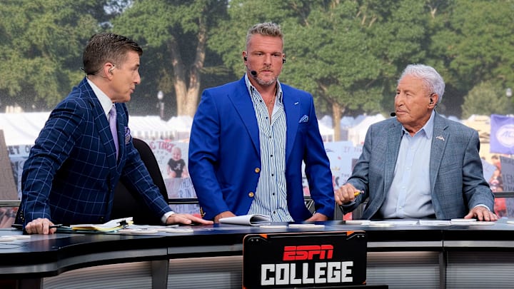 College GameDay was on campus at the University of Alabama for the matchup between the Alabama Crimson Tide and the Texas Longhorns Saturday, Sept. 9, 2023. Rece Davis, Pat McAfee and Lee Corso talk on set.