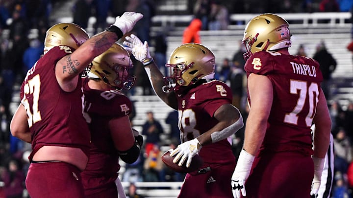 Nov 30, 2024; Chestnut Hill, Massachusetts, USA; Boston College Eagles tight end Kamari Morales (88) celebrates with his teammates after scoring a touchdown against the Pittsburgh Panthers during the second half at Alumni Stadium. Mandatory Credit: Brian Fluharty-Imagn Images