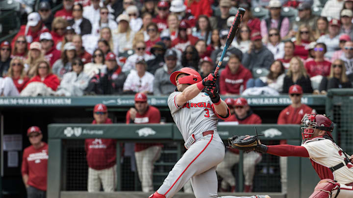 Apr 18, 2026; Fayetteville, AR, USA; Georgia Bulldogs catcher Daniel Jackson (3) hits a single during the fourth inning against the Arkansas Razorbacks at Baum-Walker Stadium. Georgia won 26-14. Mandatory Credit: Brett Rojo-Imagn Images