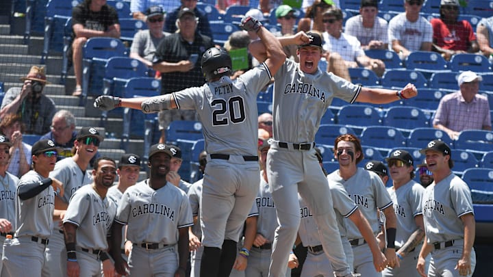 May 21 2024; Hoover, AL, USA; South Carolina hitter Ethan Petry celebrates his solo homer in the third inning agains Alabama at the Hoover Met on the opening day of the SEC Tournament. The Gamecocks hit three homers in the inning including a grand slam.