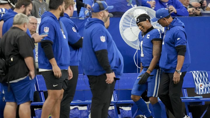 Nov 24, 2024; Indianapolis, Indiana, USA; Indianapolis Colts wide receiver Josh Downs (1) walks on the sideline following an injury during a game against the Detroit Lions at Lucas Oil Stadium. Mandatory Credit: Christine Tannous/USA TODAY Network via Imagn Images