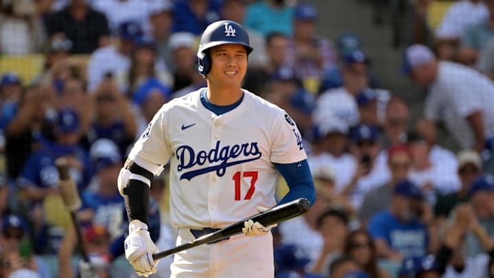 Oct 9, 2025; Los Angeles, California, USA; Los Angeles Dodgers designated hitter Shohei Ohtani (17) prepares to bat in the first inning against the Philadelphia Phillies during game four of the NLDS round for the 2025 MLB playoffs at Dodger Stadium. Mandatory Credit: Jayne Kamin-Oncea-Imagn Images