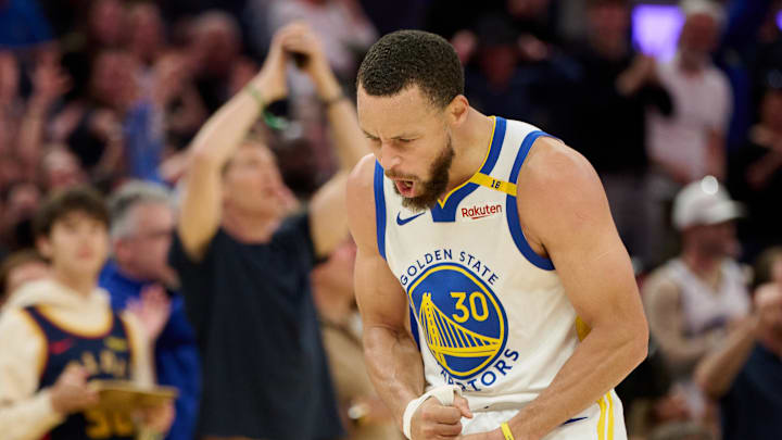 Apr 13, 2025; San Francisco, California, USA; Golden State Warriors guard Stephen Curry (30) reacts after making a three-point shot against the LA Clippers during the fourth quarter at Chase Center. Mandatory Credit: Robert Edwards-Imagn Images Apr 13, 2025; San Francisco, California, USA; Golden State Warriors guard Stephen Curry (30) reacts after making a three-point shot against the LA Clippers during the fourth quarter at Chase Center. Mandatory Credit: Robert Edwards-Imagn Images