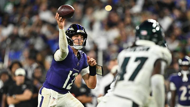 Aug 15, 2026; Baltimore, Maryland, USA;  Baltimore Ravens quarterback Joe Fagnano (12) passes against the Philadelphia Eagles at M&T Bank Stadium. Mandatory Credit: Jamie Sabau-Imagn Images