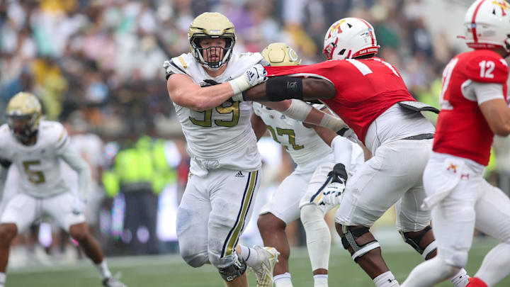 Sep 14, 2024; Atlanta, Georgia, USA; Georgia Tech Yellow Jackets defensive lineman Jordan van den Berg (99) rushes the passer against the Virginia Military Institute Keydets in the second quarter at Bobby Dodd Stadium at Hyundai Field. Mandatory Credit: Brett Davis-Imagn Images