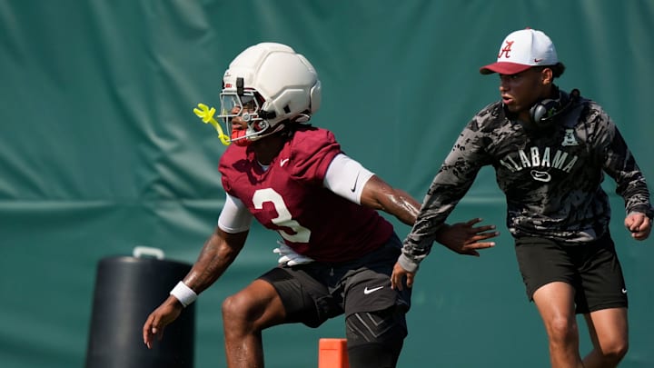 July 31, 2025; Tuscaloosa, AL, USA; Wide receiver Jaylen Mbakwe runs a pass route during the second practice session of the preseason for the Alabama Crimson Tide.