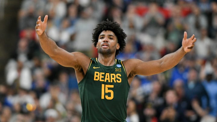 Mar 21, 2025; Raleigh, NC, USA; Baylor Bears forward Norchad Omier (15) reacts during the second half against the Mississippi State Bulldogs in the first round of the NCAA Tournament at Lenovo Center. Mandatory Credit: Zachary Taft-Imagn Images