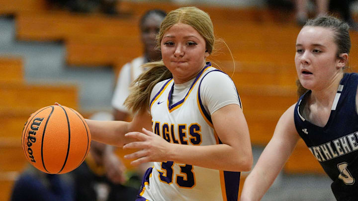 Athens Christian's Josi Vaughn (33) drives down the court to set up a shot during a GHSA girls basketball against Bethlehem Christian in Athens, Ga., on Thursday, Jan. 9, 2025. Athens Christian won 78-24. Athens Christian's Josi Vaughn (33) drives down the court to set up a shot during a GHSA girls basketball against Bethlehem Christian in Athens, Ga., on Thursday, Jan. 9, 2025. Athens Christian won 78-24.