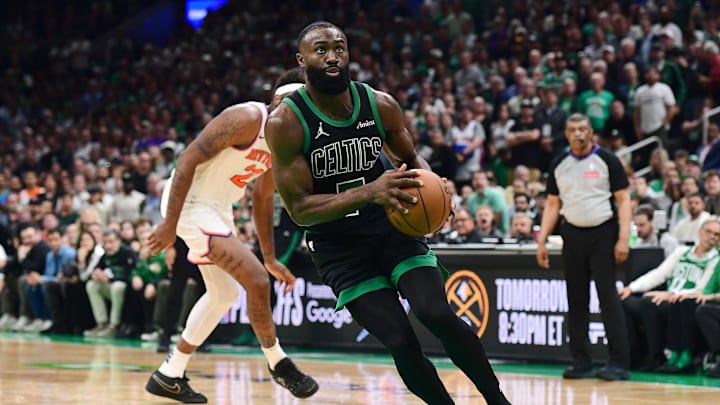 May 14, 2025; Boston, Massachusetts, USA; Boston Celtics guard Jaylen Brown (7) drives to the basket in the second half during game five of the second round for the 2025 NBA Playoffs against the New York Knicks at TD Garden. Mandatory Credit: Bob DeChiara-Imagn Images