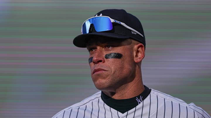 Apr 19, 2026; Bronx, New York, USA; New York Yankees right fielder Aaron Judge (99) runs off the field during the fifth inning against the Kansas City Royals at Yankee Stadium. Mandatory Credit: Vincent Carchietta-Imagn Images