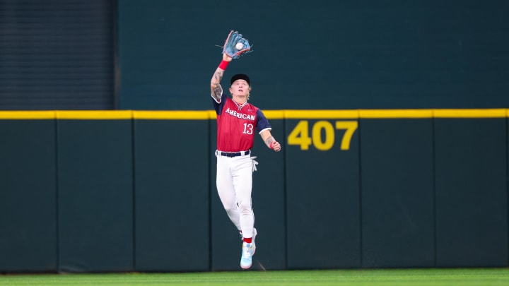 Jul 13, 2024; Arlington, TX, USA; American League Future outfielder Max Clark (13) makes a catch during the fourth inningagainst the National League Future team during the Major league All-Star Futures game at Globe Life Field. Jul 13, 2024; Arlington, TX, USA; American League Future outfielder Max Clark (13) makes a catch during the fourth inningagainst the National League Future team during the Major league All-Star Futures game at Globe Life Field.