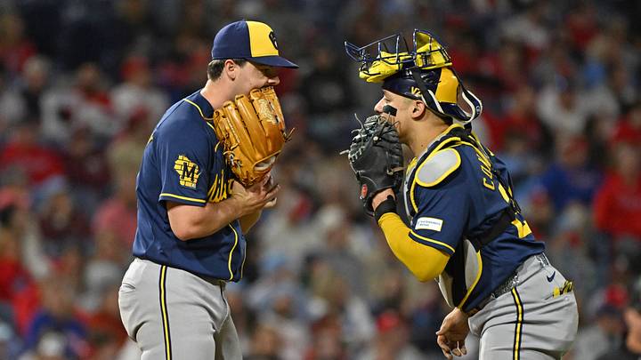 Sep 23, 2026; Philadelphia, Pennsylvania, USA; Milwaukee Brewers pitcher Logan Henderson (43) and catcher William Contreras (24) talk on the mound during the fifth inning against the Philadelphia Phillies at Citizens Bank Park. Mandatory Credit: Eric Hartline-Imagn Images