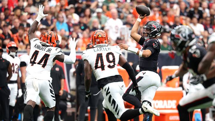 Sep 20, 2026; Houston, Texas, USA; Houston Texans quarterback C.J. Stroud (7) throws against Cincinnati Bengals linebacker Demetrius Knight Jr. (44) and linebacker Barrett Carter (49) during the second quarter at Reliant Stadium. Mandatory Credit: Troy Taormina-Imagn Images Sep 20, 2026; Houston, Texas, USA; Houston Texans quarterback C.J. Stroud (7) throws against Cincinnati Bengals linebacker Demetrius Knight Jr. (44) and linebacker Barrett Carter (49) during the second quarter at Reliant Stadium. Mandatory Credit: Troy Taormina-Imagn Images