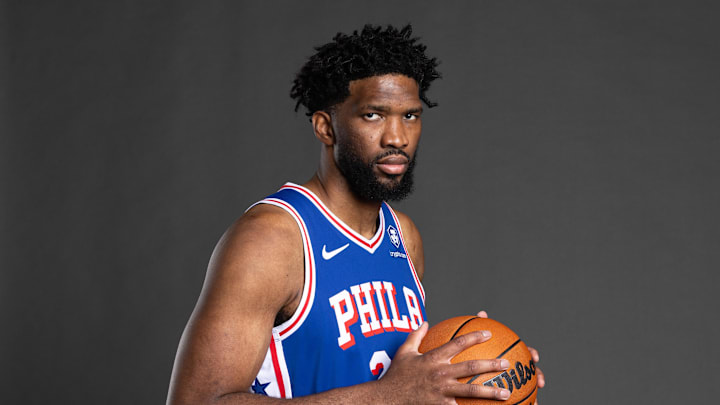 Sep 30, 2024; Camden, NJ, USA; Philadelphia 76ers center Joel Embiid (21) poses for a photo on media day at the Philadelphia 76ers Training Complex. Mandatory Credit: Bill Streicher-Imagn Images Sep 30, 2024; Camden, NJ, USA; Philadelphia 76ers center Joel Embiid (21) poses for a photo on media day at the Philadelphia 76ers Training Complex. Mandatory Credit: Bill Streicher-Imagn Images