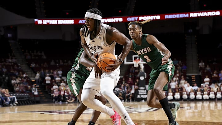 Texas A&M Aggies forward Mackenzie Mgbako is double-teamed by the Mississippi Valley State Delta Devils during the first half at Reed Arena.