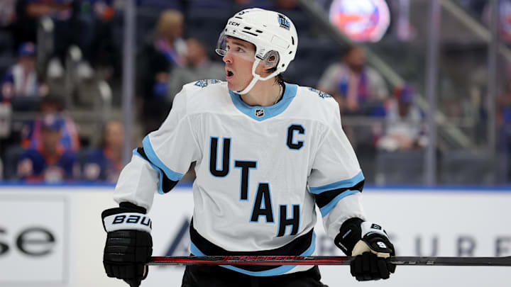 Oct 10, 2024; Elmont, New York, USA; Utah Hockey Club center Clayton Keller (9) skates against the New York Islanders during the third period at UBS Arena. Mandatory Credit: Brad Penner-Imagn Images