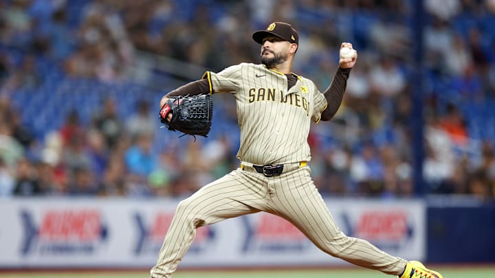 San Diego Padres pitcher Martin Perez (54) throws a pitch against the Tampa Bay Rays in the first inning at Tropicana Field in 2024. San Diego Padres pitcher Martin Perez (54) throws a pitch against the Tampa Bay Rays in the first inning at Tropicana Field in 2024.
