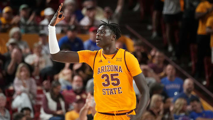 ASU Sun Devils center Massamba Diop (35) celebrates his 3-pointer against the Kansas Jayhawks at Desert Financial Arena in Tempe, on March 3, 2026.