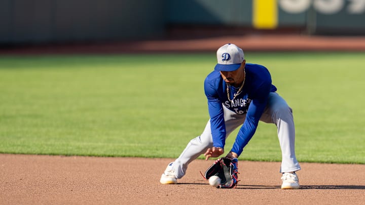 Dodgersshortstop Mookie Betts (50) during infield practice before the start of the game against the San Francisco Giants at Oracle Park on July 11. Dodgersshortstop Mookie Betts (50) during infield practice before the start of the game against the San Francisco Giants at Oracle Park on July 11.