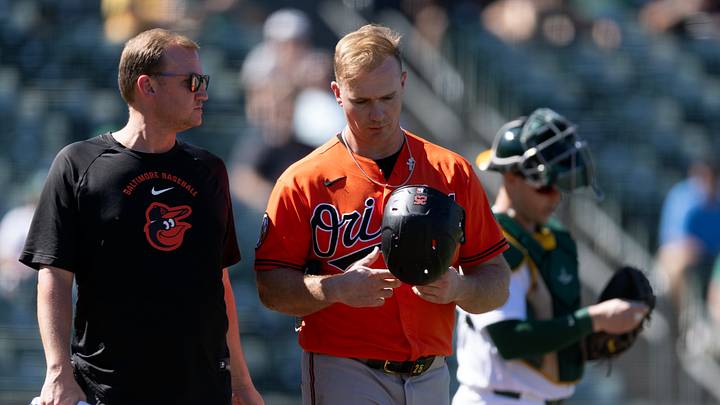 Aug 30, 2026; West Sacramento, California, USA; Baltimore Orioles designated hitter Pete Alonso (25) walks to first base after being hit in the head by a pitch from Athletics pitcher Kade Morris (67) during the eighth inning at Sutter Health Park. Alonso exited the game for a pinch runner. Mandatory Credit: D. Ross Cameron-Imagn Images Aug 30, 2026; West Sacramento, California, USA; Baltimore Orioles designated hitter Pete Alonso (25) walks to first base after being hit in the head by a pitch from Athletics pitcher Kade Morris (67) during the eighth inning at Sutter Health Park. Alonso exited the game for a pinch runner. Mandatory Credit: D. Ross Cameron-Imagn Images