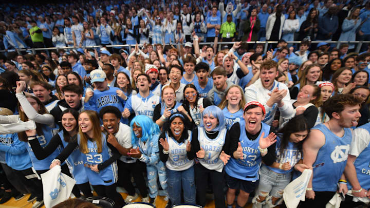 Feb 3, 2024; Chapel Hill, North Carolina, USA;  North Carolina Tar Heels fans cheer before the game at Dean E. Smith Center. Mandatory Credit: Bob Donnan-USA TODAY Sports